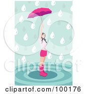 Girl In Pink Standing In A Puddle And Holding Up An Umbrella
