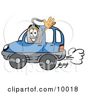 Computer Mouse Mascot Cartoon Character Driving A Blue Car And Waving by Mascot Junction