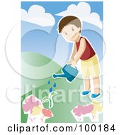 Poster, Art Print Of Little Boy Watering Plants In His Garden