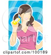 Poster, Art Print Of Brunette Woman Holding A Yellow Cell Phone