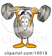 Clipart Picture Of A Computer Mouse Mascot Cartoon Character Holding A Heavy Barbell Above His Head
