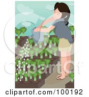 Happy Girl Watering Small Plants In Her Garden