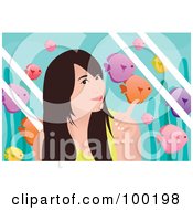 Poster, Art Print Of Pretty Teen Girl Pointing To Fish In An Aquarium