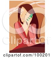 Poster, Art Print Of Brunette Woman Sitting In A Chair And Talking On A Cell Phone