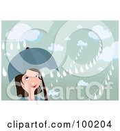 Royalty Free RF Clipart Illustration Of A Woman Smiling Under An Umbrella On A Rainy Day