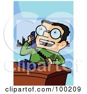 Royalty Free RF Clipart Illustration Of A Happy Businsesman Leaning Back And Talking On A Landline Phone