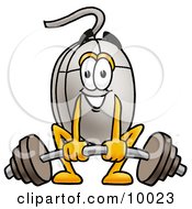 Computer Mouse Mascot Cartoon Character Lifting A Heavy Barbell by Mascot Junction