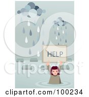 Poster, Art Print Of Girl Holding Up A Help Sign In A Flooded Village