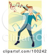 Poster, Art Print Of Singing Guy With Music Notes Over Blue And Yellow