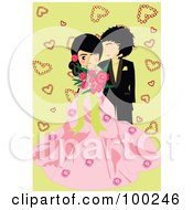 Poster, Art Print Of Cute Wedding Couple Over Green With Hearts