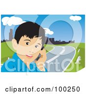 Poster, Art Print Of Little Boy Talking On A Cell Phone By A Road