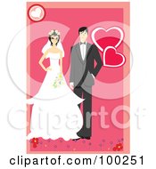 Poster, Art Print Of Wedding Couple Standing With Flowers Over Pink