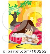 Royalty Free RF Clipart Illustration Of A Brunette Girl Laying On Her Belly And Playing A Video Game