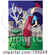 Poster, Art Print Of Man Flipping A Meat Patty Over A Charcoal Grill