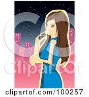 Poster, Art Print Of Brunette Woman Viewing A City And Talking On A Cell Phone