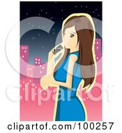 Royalty Free RF Clipart Illustration Of A Brunette Woman Viewing A City And Talking On A Cell Phone