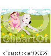 Royalty Free RF Clipart Illustration Of A Little Toddler Girl Sitting In Flowers And Grass With A Dog