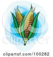 Poster, Art Print Of Two Ears Of Corn With Green Foliage Over Blue
