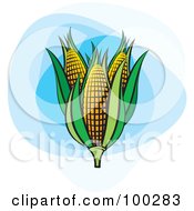 Poster, Art Print Of Three Ears Of Corn With Green Foliage On Blue