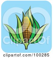 Poster, Art Print Of Ear Of Corn With Green Foliage Over Blue