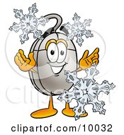 Poster, Art Print Of Computer Mouse Mascot Cartoon Character With Three Snowflakes In Winter