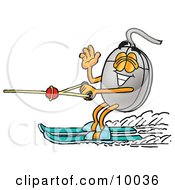 Clipart Picture Of A Computer Mouse Mascot Cartoon Character Waving While Water Skiing