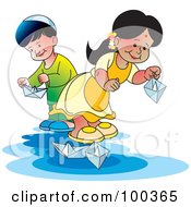 Poster, Art Print Of Boy And Girl Playing With Paper Boats