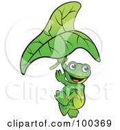 Royalty Free RF Clipart Illustration Of A Happy Frog Jumping With A Leaf