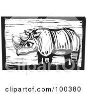 Poster, Art Print Of Black And White Engraved Wooden Plaque Of A Safari Rhino