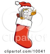 Computer Mouse Mascot Cartoon Character Wearing A Santa Hat Inside A Red Christmas Stocking