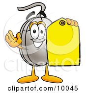 Computer Mouse Mascot Cartoon Character Holding A Yellow Sales Price Tag