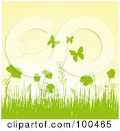Poster, Art Print Of Spring Background Of Green Silhouetted Grass Plants And Butterflies Against A Yellow Sky