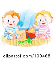 Little Boy And Girl Playing In The Sand And Listening To A Sea Shell On A Beach