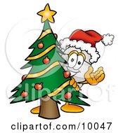 Poster, Art Print Of Computer Mouse Mascot Cartoon Character Waving And Standing By A Decorated Christmas Tree