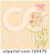 Royalty Free RF Clipart Illustration Of A Pastel Orange Background With A Border Of Pink Flowers On Tall Stems by Pushkin