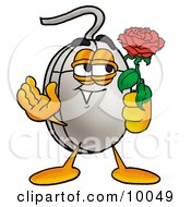 Computer Mouse Mascot Cartoon Character Holding A Red Rose On Valentines Day by Mascot Junction