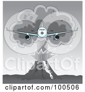 Royalty Free RF Clipart Illustration Of A Commercial Airplane Flying Away From A Plume Of Volcanic Ash by Paulo Resende