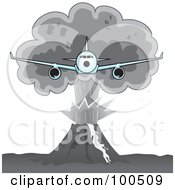 Royalty Free RF Clipart Illustration Of A Grayscale Plane Flying Away From A Volcanic Eruption And Plume Of Ash