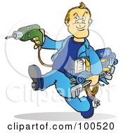 Poster, Art Print Of Blond Handy Man Running With Tools In His Hands
