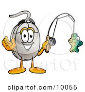 Poster, Art Print Of Computer Mouse Mascot Cartoon Character Holding A Fish On A Fishing Pole