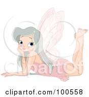 Royalty Free RF Clipart Illustration Of A Silver Haired Pixie Girl Laying On Her Tummy And Resting Her Head In Her Hand