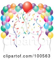 Royalty Free RF Clipart Illustration Of An Arch Of Streamers Confetti And Party Balloons by Pams Clipart
