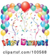 Poster, Art Print Of Colorful Happy Birthday Greeting Under Confetti Streamers And Party Balloons