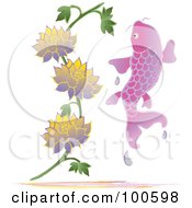 Poster, Art Print Of Pink Koi Fish Leaping Near Lotus Flowers