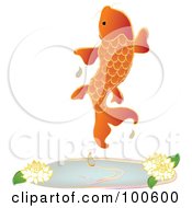 Poster, Art Print Of Orange Koi Fish Leaping Out Of A Pond