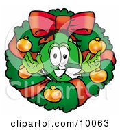 Dollar Sign Mascot Cartoon Character In The Center Of A Christmas Wreath