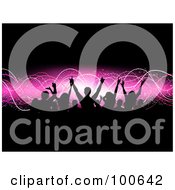 Royalty Free RF Clipart Illustration Of A Silhouetted Audience Raising Their Arms Over A Pink Wave And Black Background