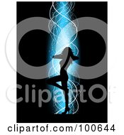 Sexy Silhouetted Female Dancer With One Leg Raised Over A Black Background With Blue Light And White Ribbons