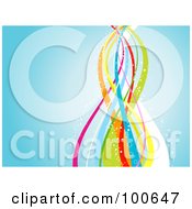 Royalty Free RF Clipart Illustration Of A Blue Background With Rainbow Ribbons And Bubbles by KJ Pargeter