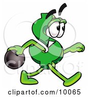 Dollar Sign Mascot Cartoon Character Holding A Bowling Ball
